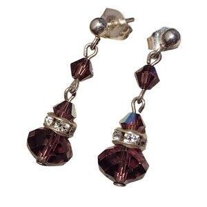 Sterling Silver Purple Crystal Beaded Drop Dangle Petite Earrings